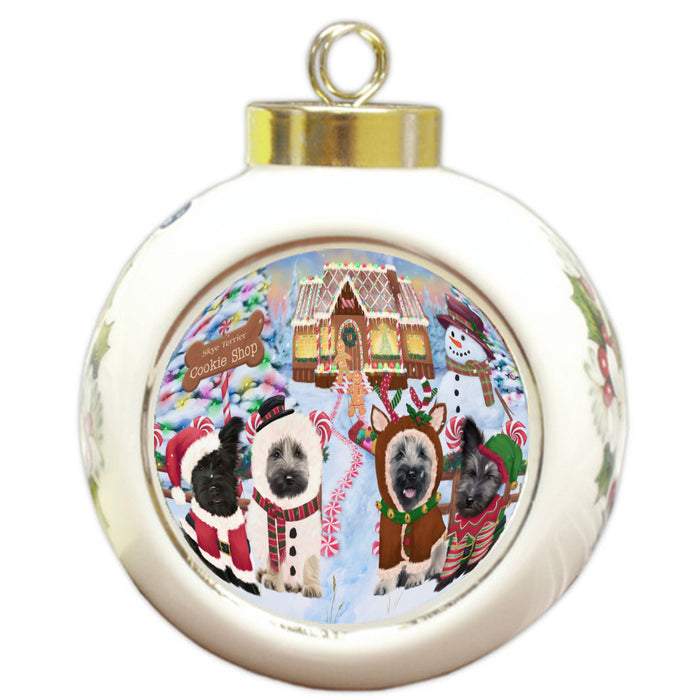 Christmas Gingerbread Cookie Shop Skye Terrier Dogs Round Ball Christmas Ornament Pet Decorative Hanging Ornaments for Christmas X-mas Tree Decorations - 3" Round Ceramic Ornament