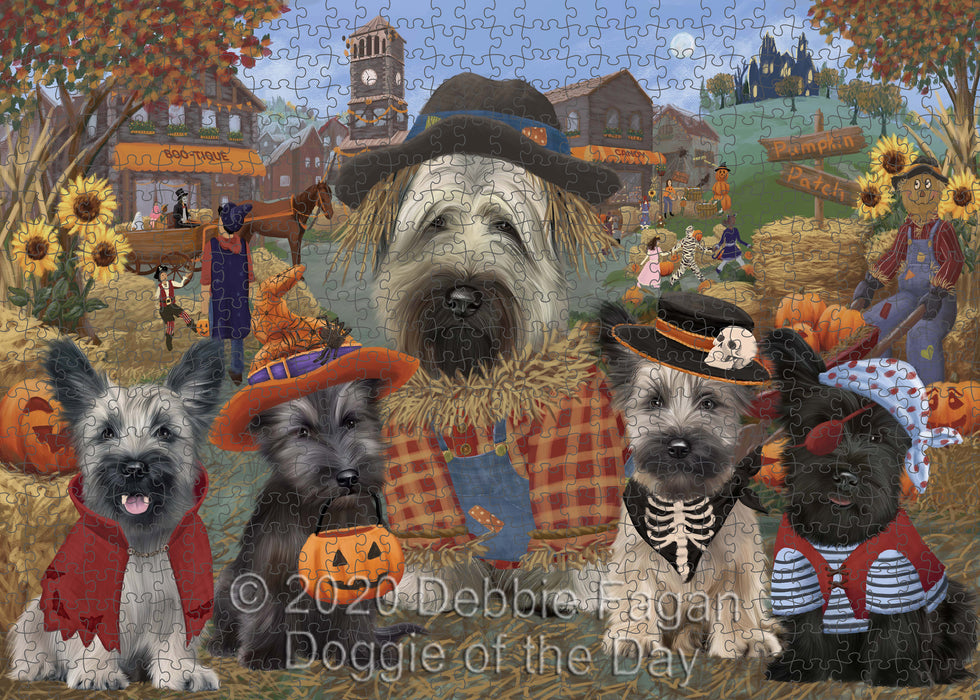 Halloween 'Round Town Skye Terrier Dogs Portrait Jigsaw Puzzle for Adults Animal Interlocking Puzzle Game Unique Gift for Dog Lover's with Metal Tin Box