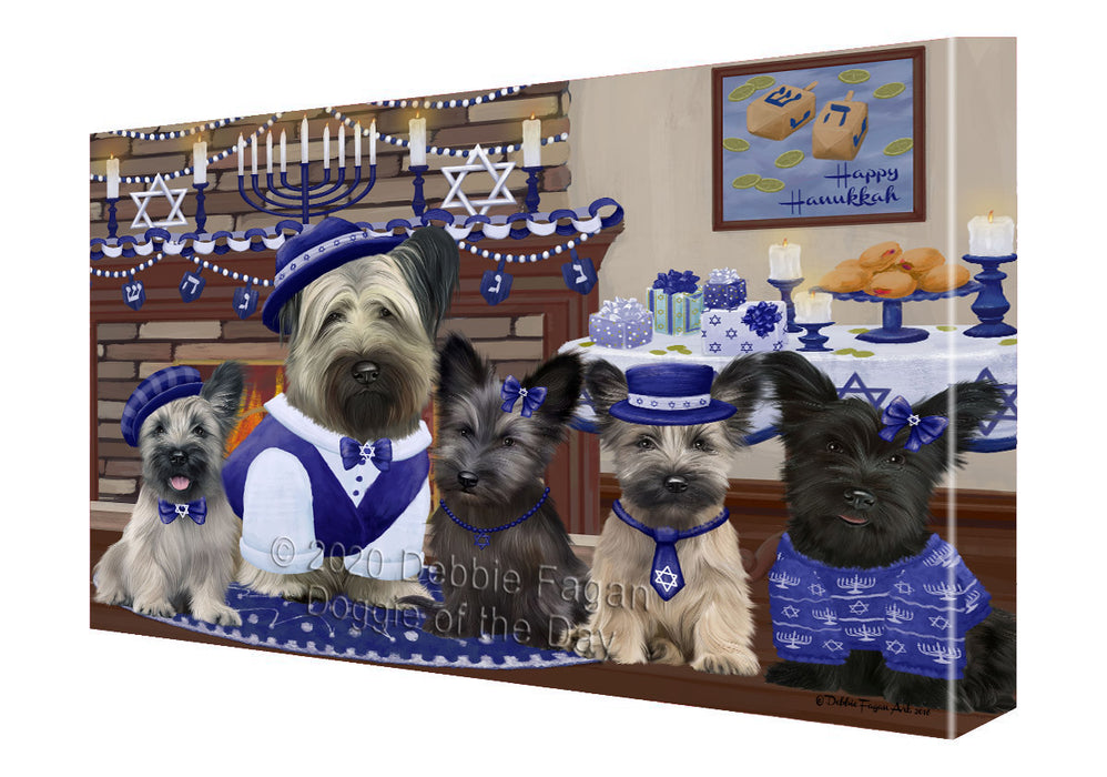 Happy Hanukkah Family Skye Terrier Dogs Canvas Wall Art - Premium Quality Ready to Hang Room Decor Wall Art Canvas - Unique Animal Printed Digital Painting for Decoration