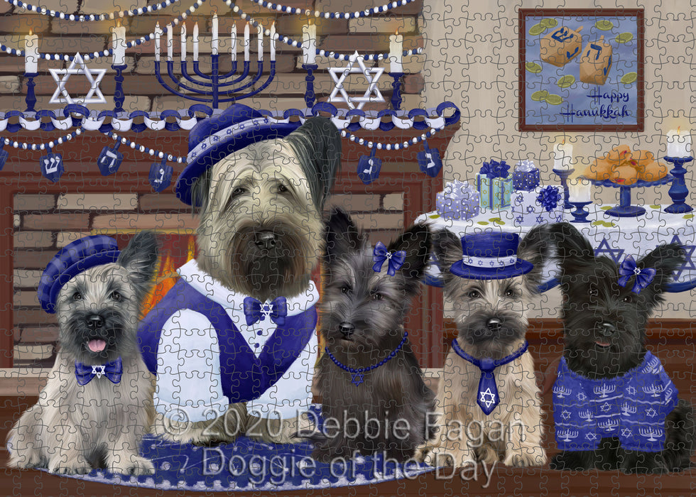 Happy Hanukkah Family Skye Terrier Dogs Portrait Jigsaw Puzzle for Adults Animal Interlocking Puzzle Game Unique Gift for Dog Lover's with Metal Tin Box
