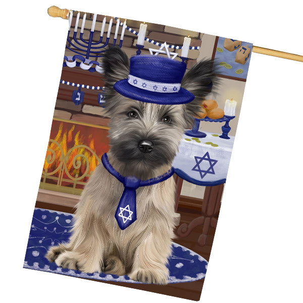 Happy Hanukkah Skye Terrier Dog House Flag Outdoor Decorative Double Sided Pet Portrait Weather Resistant Premium Quality Animal Printed Home Decorative Flags 100% Polyester