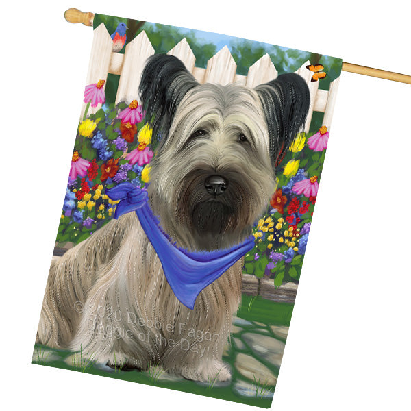 Spring Floral Skye Terrier Dog House Flag Outdoor Decorative Double Sided Pet Portrait Weather Resistant Premium Quality Animal Printed Home Decorative Flags 100% Polyester FLG69429