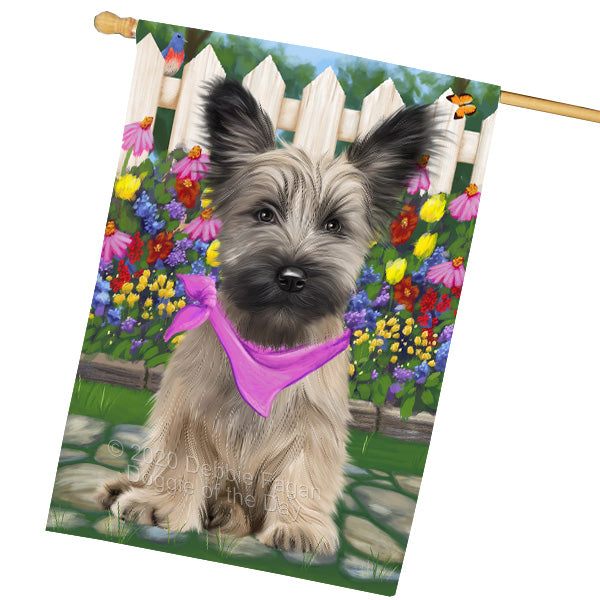 Spring Floral Skye Terrier Dog House Flag Outdoor Decorative Double Sided Pet Portrait Weather Resistant Premium Quality Animal Printed Home Decorative Flags 100% Polyester FLG69430