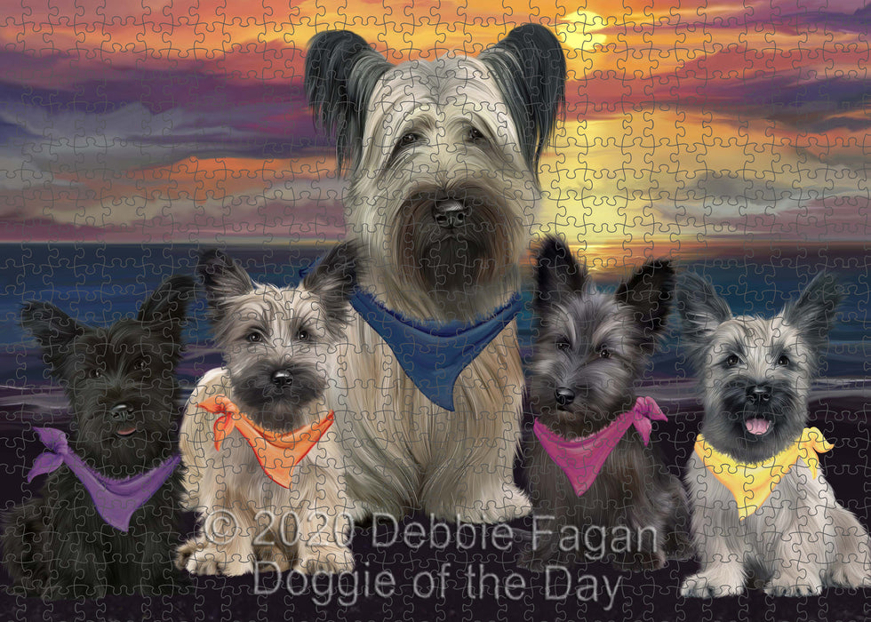 Family Sunset Portrait Skye Terrier Dogs Portrait Jigsaw Puzzle for Adults Animal Interlocking Puzzle Game Unique Gift for Dog Lover's with Metal Tin Box