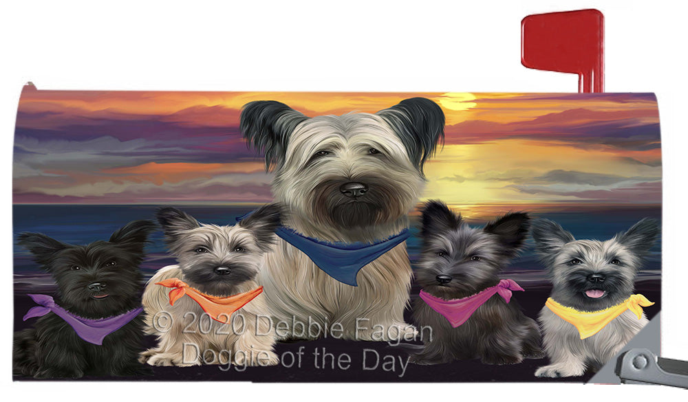 Family Sunset Portrait Skye Terrier Dogs Magnetic Mailbox Cover Both Sides Pet Theme Printed Decorative Letter Box Wrap Case Postbox Thick Magnetic Vinyl Material