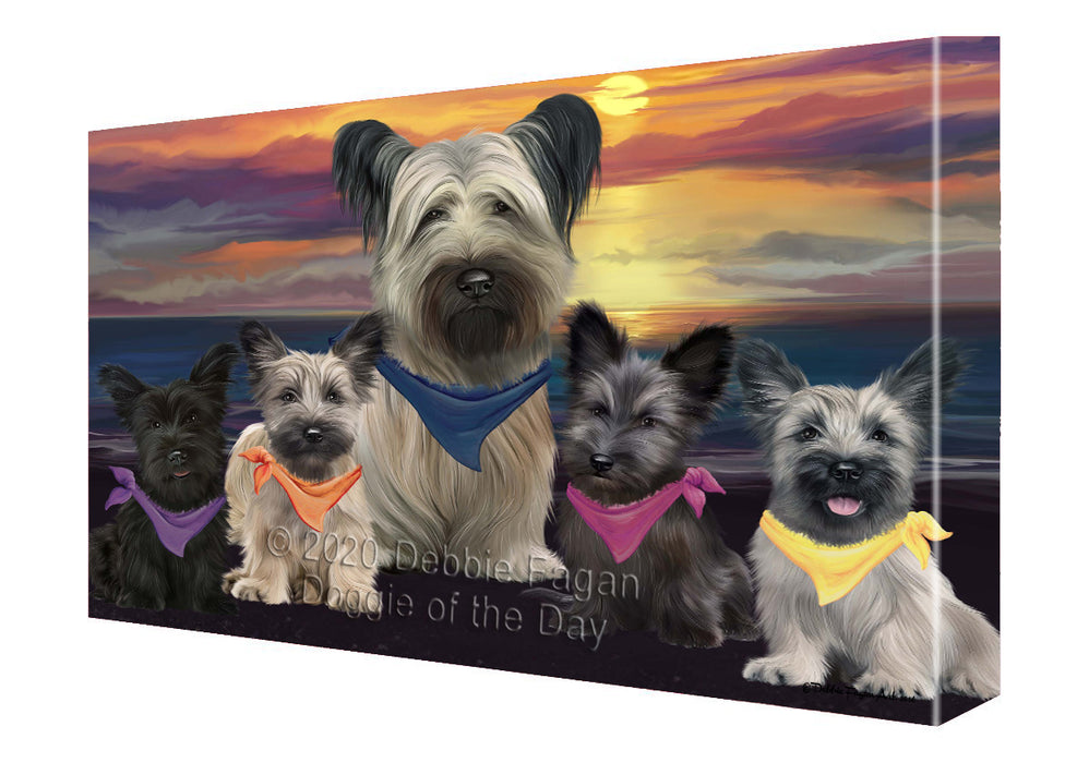 Family Sunset Portrait Skye Terrier Dogs Canvas Wall Art - Premium Quality Ready to Hang Room Decor Wall Art Canvas - Unique Animal Printed Digital Painting for Decoration