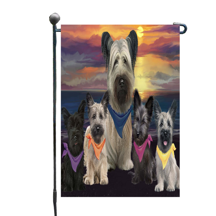 Family Sunset Portrait Skye Terrier Dogs Garden Flags Outdoor Decor for Homes and Gardens Double Sided Garden Yard Spring Decorative Vertical Home Flags Garden Porch Lawn Flag for Decorations