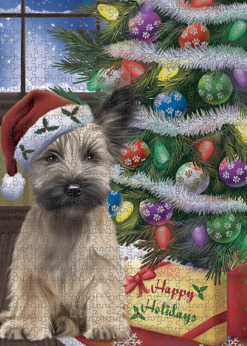 Christmas Tree and Presents Skye Terrier Dog Portrait Jigsaw Puzzle for Adults Animal Interlocking Puzzle Game Unique Gift for Dog Lover's with Metal Tin Box PZL632