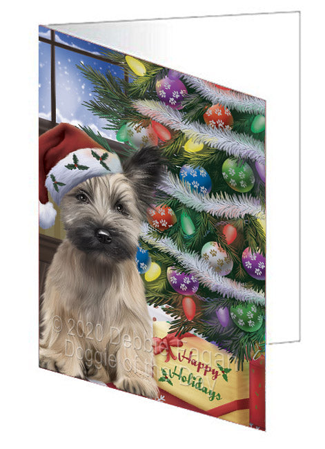 Christmas Tree and Presents Skye Terrier Dog Handmade Artwork Assorted Pets Greeting Cards and Note Cards with Envelopes for All Occasions and Holiday Seasons