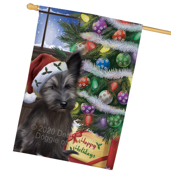 Christmas Tree and Presents Skye Terrier Dog House Flag Outdoor Decorative Double Sided Pet Portrait Weather Resistant Premium Quality Animal Printed Home Decorative Flags 100% Polyester FLG69166