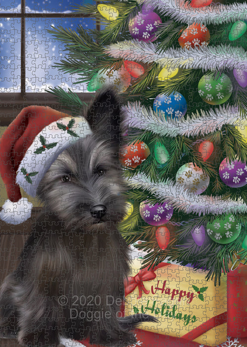 Christmas Tree and Presents Skye Terrier Dog Portrait Jigsaw Puzzle for Adults Animal Interlocking Puzzle Game Unique Gift for Dog Lover's with Metal Tin Box PZL633