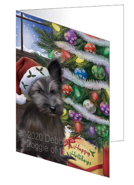 Christmas Tree and Presents Skye Terrier Dog Handmade Artwork Assorted Pets Greeting Cards and Note Cards with Envelopes for All Occasions and Holiday Seasons