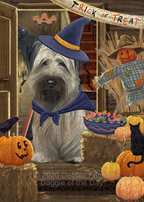 Enter at Your Own Risk Halloween Trick or Treat Skye Terrier Dogs Portrait Jigsaw Puzzle for Adults Animal Interlocking Puzzle Game Unique Gift for Dog Lover's with Metal Tin Box PZL543