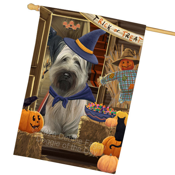 Enter at Your Own Risk Halloween Trick or Treat Skye Terrier Dogs House Flag Outdoor Decorative Double Sided Pet Portrait Weather Resistant Premium Quality Animal Printed Home Decorative Flags 100% Polyester FLG69060