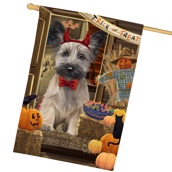 Enter at Your Own Risk Halloween Trick or Treat Skye Terrier Dogs House Flag Outdoor Decorative Double Sided Pet Portrait Weather Resistant Premium Quality Animal Printed Home Decorative Flags 100% Polyester FLG69061