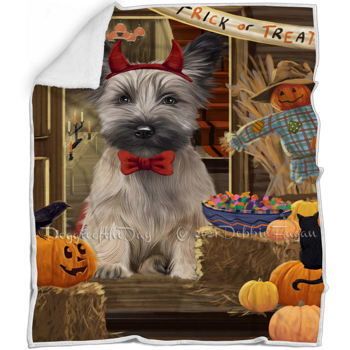 Enter at Own Risk Trick or Treat Halloween Skye Terrier Dog Blanket BLNKT142634