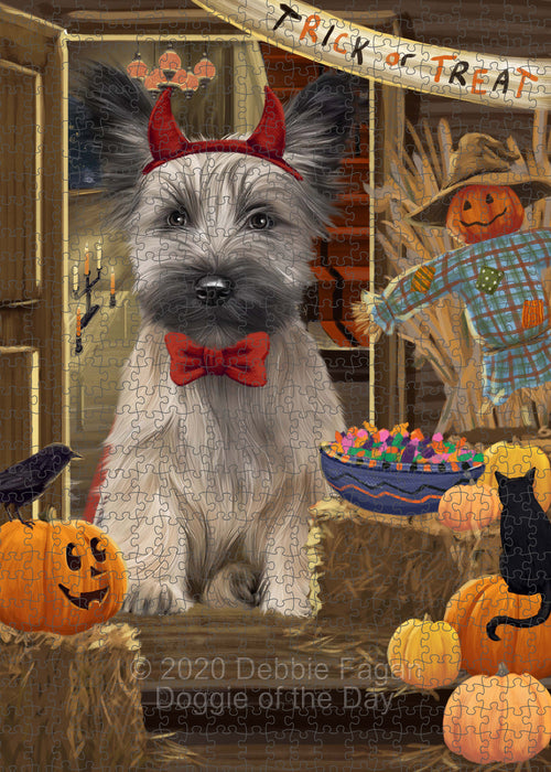 Enter at Your Own Risk Halloween Trick or Treat Skye Terrier Dogs Portrait Jigsaw Puzzle for Adults Animal Interlocking Puzzle Game Unique Gift for Dog Lover's with Metal Tin Box PZL544