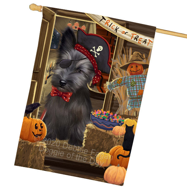 Enter at Your Own Risk Halloween Trick or Treat Skye Terrier Dogs House Flag Outdoor Decorative Double Sided Pet Portrait Weather Resistant Premium Quality Animal Printed Home Decorative Flags 100% Polyester FLG69063