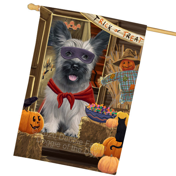 Enter at Your Own Risk Halloween Trick or Treat Skye Terrier Dogs House Flag Outdoor Decorative Double Sided Pet Portrait Weather Resistant Premium Quality Animal Printed Home Decorative Flags 100% Polyester FLG69064