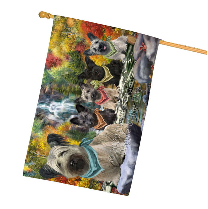 Scenic Waterfall Skye Terrier Dogs House Flag Outdoor Decorative Double Sided Pet Portrait Weather Resistant Premium Quality Animal Printed Home Decorative Flags 100% Polyester