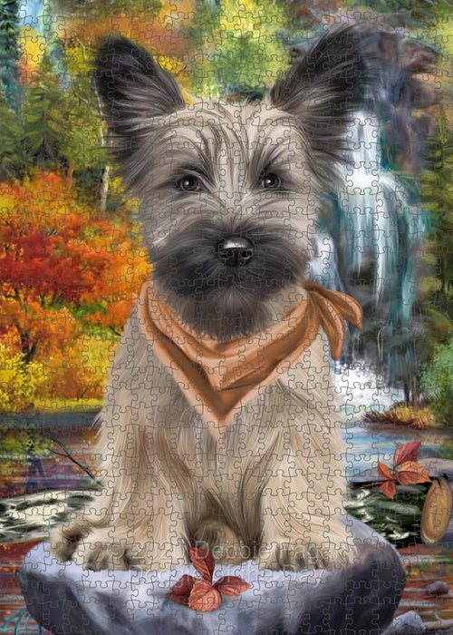 Scenic Waterfall Skye Terrier Dog Portrait Jigsaw Puzzle for Adults Animal Interlocking Puzzle Game Unique Gift for Dog Lover's with Metal Tin Box PZL684