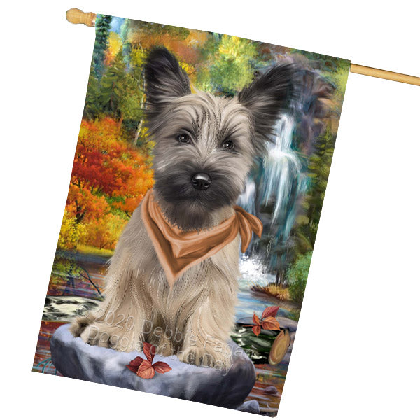 Scenic Waterfall Skye Terrier Dog House Flag Outdoor Decorative Double Sided Pet Portrait Weather Resistant Premium Quality Animal Printed Home Decorative Flags 100% Polyester FLG69265