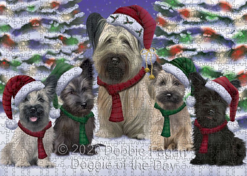 Christmas Happy Holidays Skye Terrier Dogs Family Portrait Portrait Jigsaw Puzzle for Adults Animal Interlocking Puzzle Game Unique Gift for Dog Lover's with Metal Tin Box