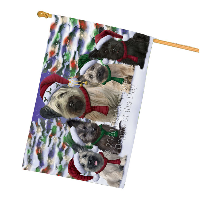 Christmas Happy Holidays Skye Terrier Dogs Family Portrait House Flag Outdoor Decorative Double Sided Pet Portrait Weather Resistant Premium Quality Animal Printed Home Decorative Flags 100% Polyester