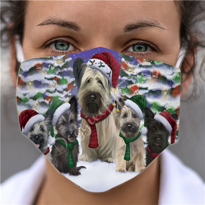 Skye Terrier Dogs Christmas Family Portrait in Holiday Scenic Background Face Mask FM48381