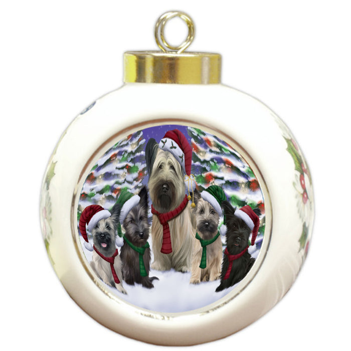 Christmas Happy Holidays Skye Terrier Dogs Family Portrait Round Ball Christmas Ornament Pet Decorative Hanging Ornaments for Christmas X-mas Tree Decorations - 3" Round Ceramic Ornament