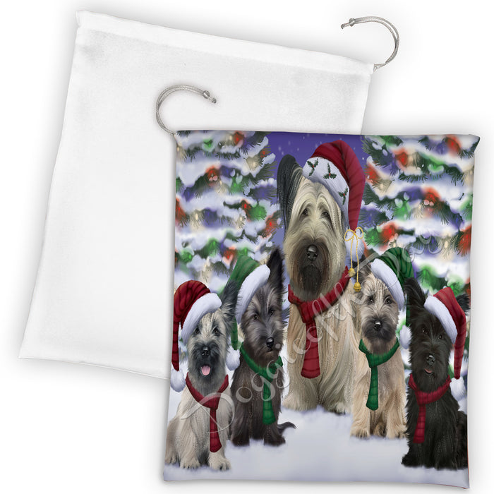 Skye Terrier Dogs Christmas Family Portrait in Holiday Scenic Background Drawstring Laundry or Gift Bag LGB48179