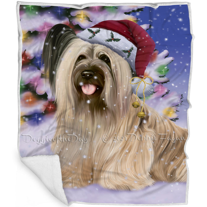 Winterland Wonderland Skye Terrier Dog In Christmas Holiday Scenic Background Blanket BLNKT120981