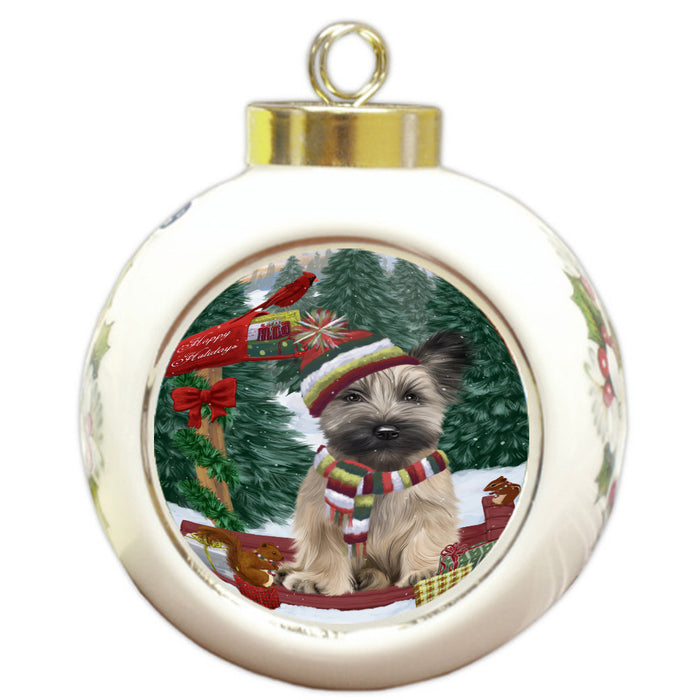 Christmas Woodland Sled Skye Terrier Dog Round Ball Christmas Ornament Pet Decorative Hanging Ornaments for Christmas X-mas Tree Decorations - 3" Round Ceramic Ornament, RBPOR59651
