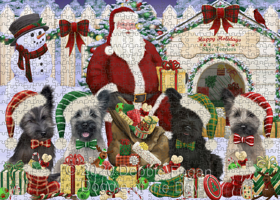 Christmas Dog house Gathering Skye Terrier Dogs Portrait Jigsaw Puzzle for Adults Animal Interlocking Puzzle Game Unique Gift for Dog Lover's with Metal Tin Box