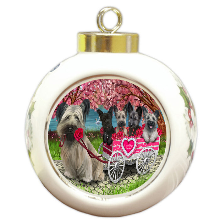 I Love Skye Terrier Dogs in a Cart Round Ball Christmas Ornament RBPOR58248
