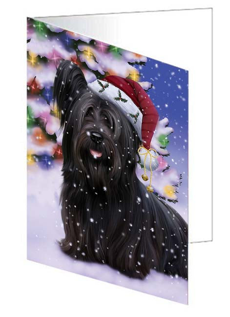 Winterland Wonderland Skye Terrier Dog In Christmas Holiday Scenic Background Handmade Artwork Assorted Pets Greeting Cards and Note Cards with Envelopes for All Occasions and Holiday Seasons GCD71702