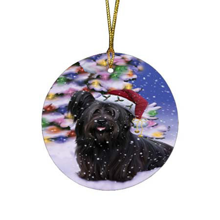Winterland Wonderland Skye Terrier Dog In Christmas Holiday Scenic Background Round Flat Christmas Ornament RFPOR56085