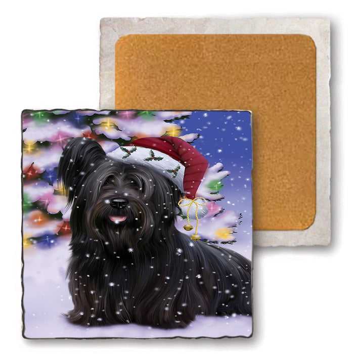 Winterland Wonderland Skye Terrier Dog In Christmas Holiday Scenic Background Set of 4 Natural Stone Marble Tile Coasters MCST50729