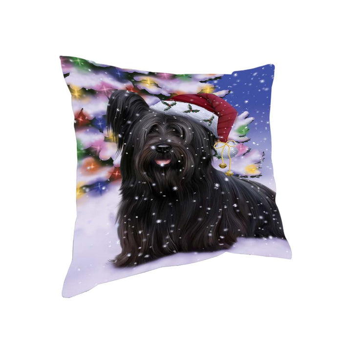 Winterland Wonderland Skye Terrier Dog In Christmas Holiday Scenic Background Pillow PIL71844