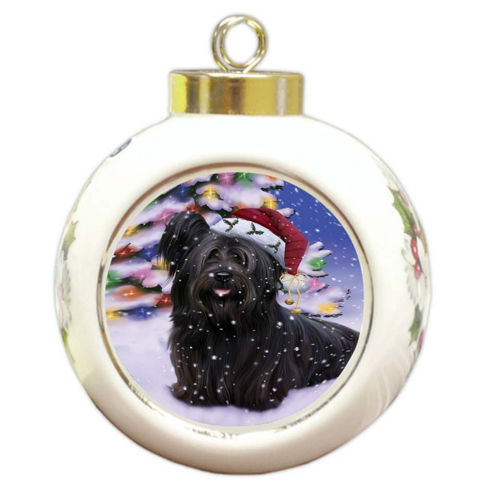 Winterland Wonderland Skye Terrier Dog In Christmas Holiday Scenic Background Round Ball Christmas Ornament RBPOR56085