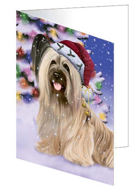 Winterland Wonderland Skye Terrier Dog In Christmas Holiday Scenic Background Handmade Artwork Assorted Pets Greeting Cards and Note Cards with Envelopes for All Occasions and Holiday Seasons GCD71705