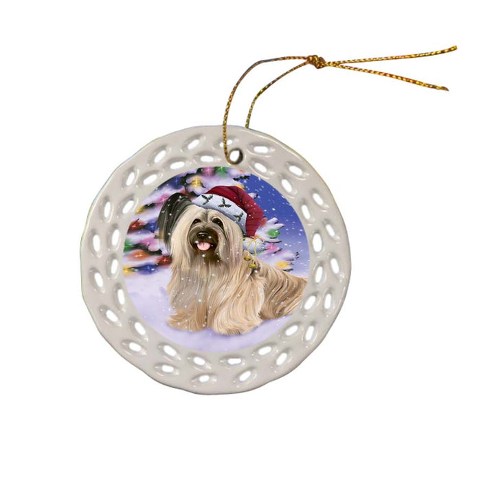 Winterland Wonderland Skye Terrier Dog In Christmas Holiday Scenic Background Ceramic Doily Ornament DPOR56086