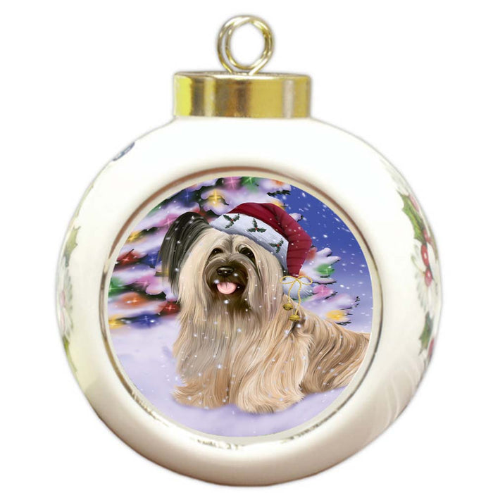 Winterland Wonderland Skye Terrier Dog In Christmas Holiday Scenic Background Round Ball Christmas Ornament RBPOR56086