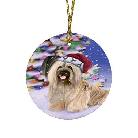 Winterland Wonderland Skye Terrier Dog In Christmas Holiday Scenic Background Round Flat Christmas Ornament RFPOR56086