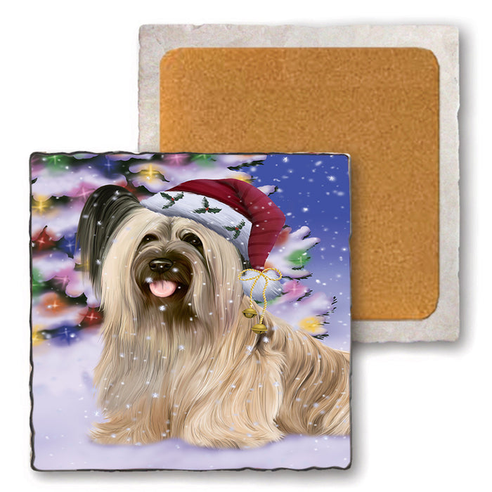 Winterland Wonderland Skye Terrier Dog In Christmas Holiday Scenic Background Set of 4 Natural Stone Marble Tile Coasters MCST50730