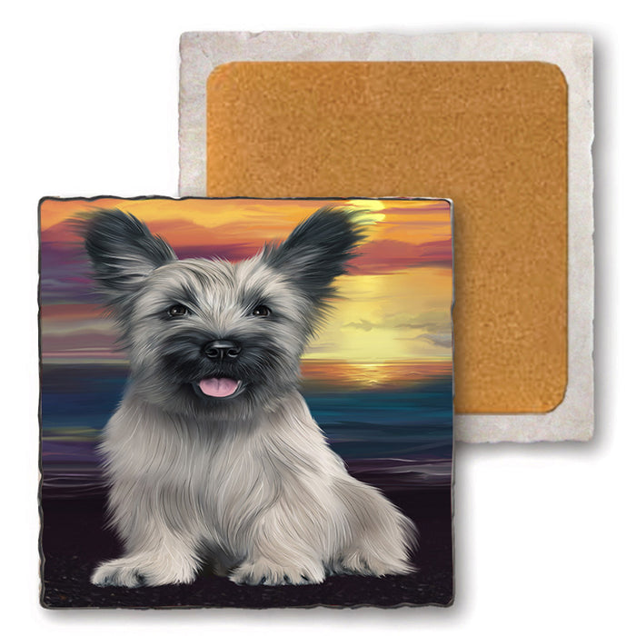 Sunset Skye Terrier Dog Set of 4 Natural Stone Marble Tile Coasters MCST52176