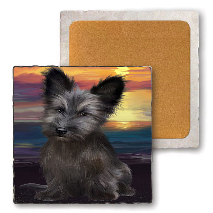 Sunset Skye Terrier Dog Set of 4 Natural Stone Marble Tile Coasters MCST52177