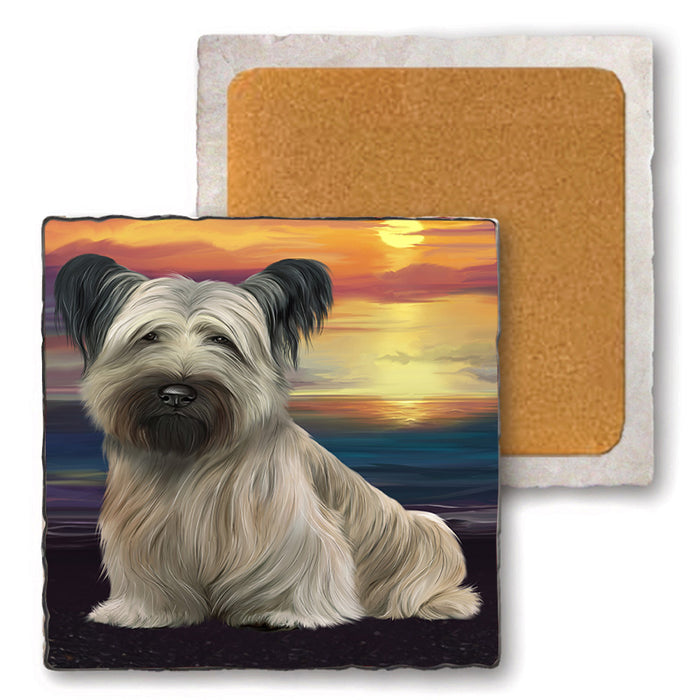 Sunset Skye Terrier Dog Set of 4 Natural Stone Marble Tile Coasters MCST52178