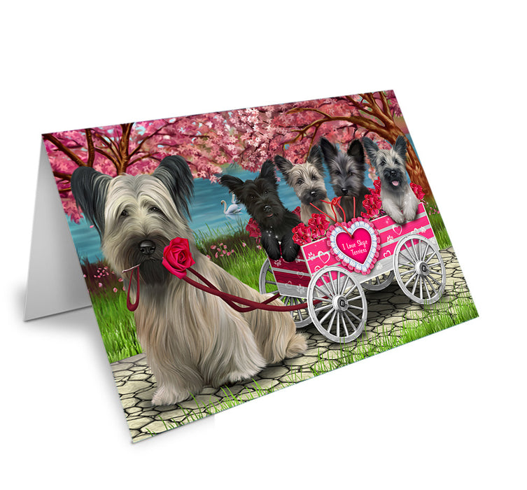 I Love Skye Terrier Dogs in a Cart Handmade Artwork Assorted Pets Greeting Cards and Note Cards with Envelopes for All Occasions and Holiday Seasons GCD76877