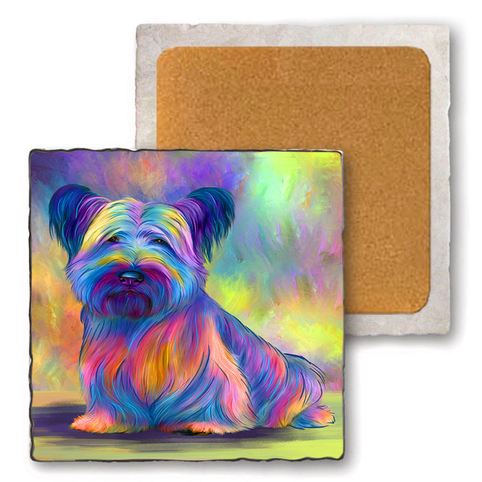 Paradise Wave Skye Terrier Dog Set of 4 Natural Stone Marble Tile Coasters MCST51737